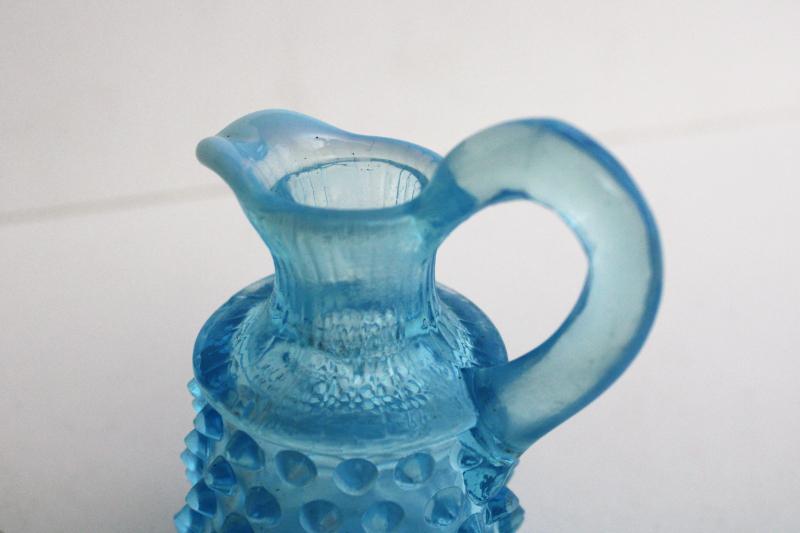 vintage Fenton hobnail glass, blue opalescent cruet pitcher w/ clear glass stopper