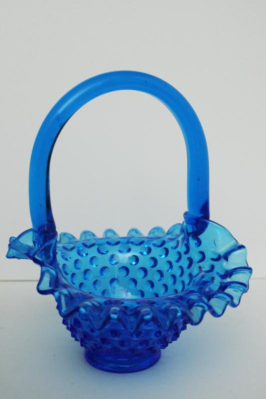 vintage Fenton hobnail glass brides basket, colonial blue (aqua) colored glass
