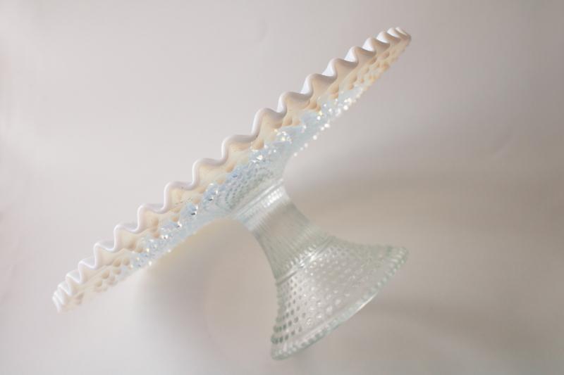 vintage Fenton hobnail glass cake stand, french opalescent moonstone white 