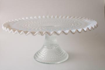 vintage Fenton hobnail glass cake stand, french opalescent moonstone white 