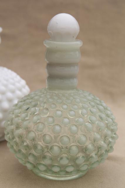 vintage Fenton hobnail glass cologne bottles, milk glass & french opalescent moonstone glass