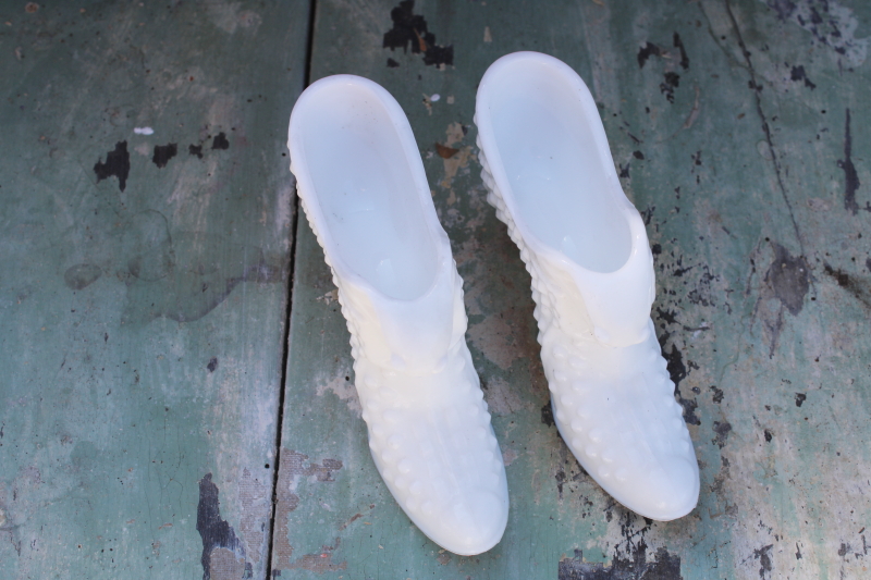 vintage Fenton hobnail glass, white milk glass good witch shoes, pair of ladies slippers