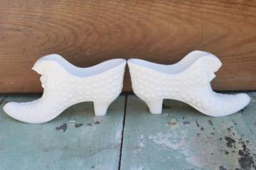 vintage Fenton hobnail glass, white milk glass good witch shoes, pair of ladies slippers
