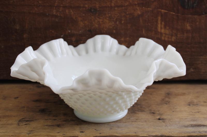 vintage Fenton hobnail milk glass bowl, large centerpiece w/ crimped edge