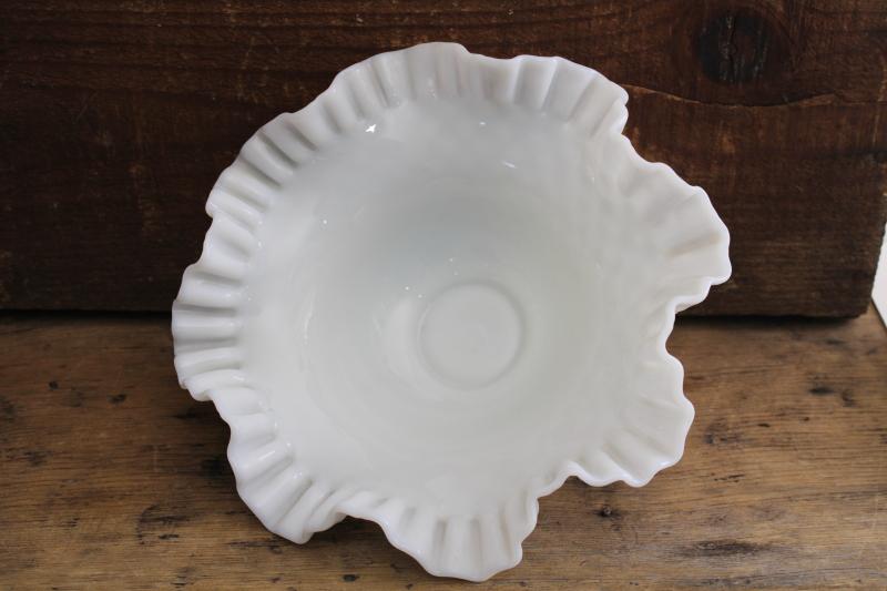 vintage Fenton hobnail milk glass bowl, large centerpiece w/ crimped edge