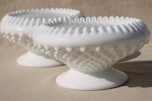 vintage Fenton hobnail milk glass candle holders, ivy bowl candlesticks to hold flowers