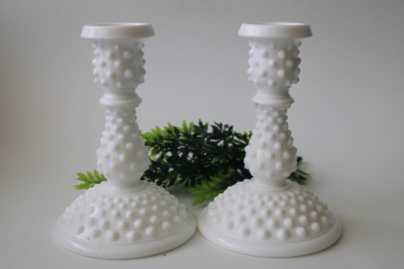 vintage Fenton hobnail milk glass candlesticks, pair of tall candle holders