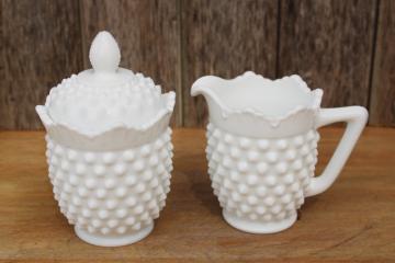 vintage Fenton hobnail milk glass creamer & sugar set, tall cream pitcher & bowl w/ lid