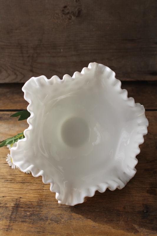 vintage Fenton hobnail milk glass crimped compote, footed bowl or candy dish