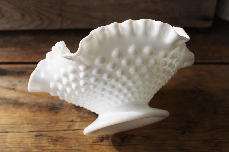 vintage Fenton hobnail milk glass crimped compote, footed bowl or candy dish