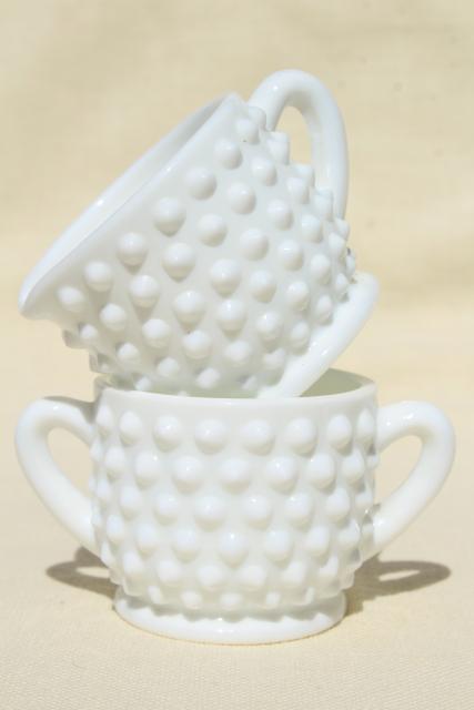 vintage Fenton hobnail milk glass, individual size mini creamer & sugar set