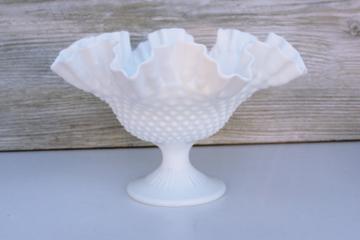 vintage Fenton hobnail milk glass large compote pedestal bowl w/ crimped ruffle rim