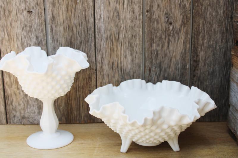 vintage Fenton hobnail milk glass, large flower bowl and tall candy dish
