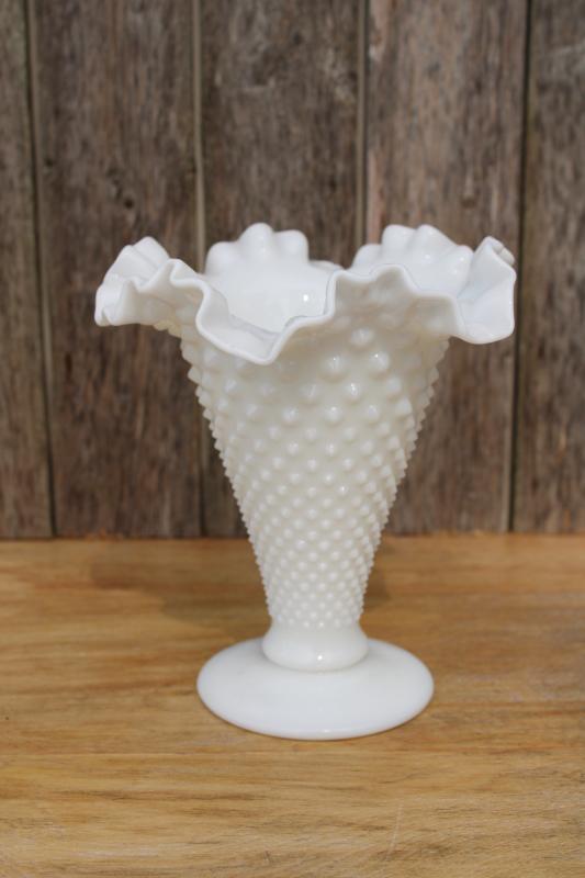 vintage Fenton hobnail milk glass, large vase w/ crimped ruffled edge