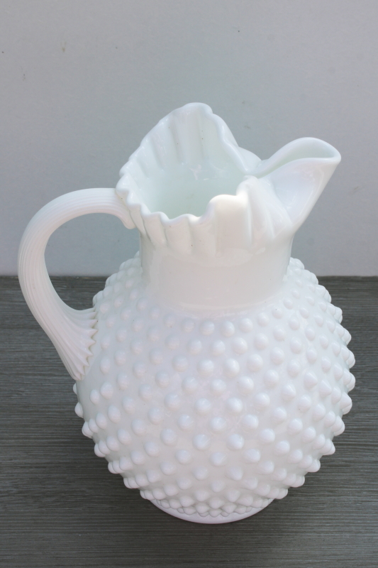 vintage Fenton hobnail milk glass pitcher, ice lip water or lemonade pitcher jug shape