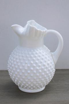 vintage Fenton hobnail milk glass pitcher, ice lip water or lemonade pitcher jug shape