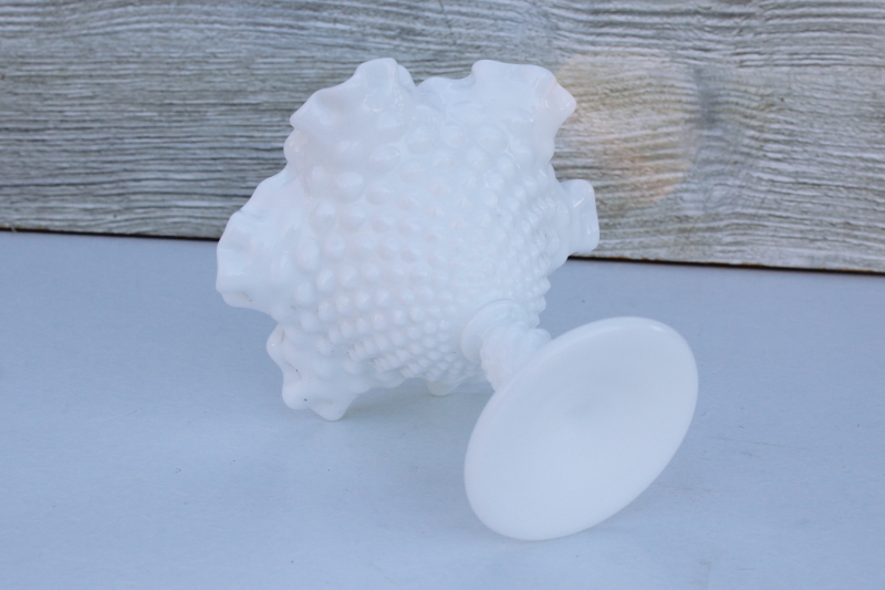 vintage Fenton hobnail milk glass, small compote or candy dish crimped ruffle bowl