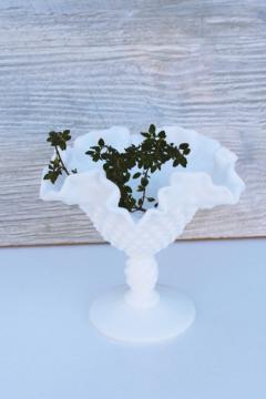 vintage Fenton hobnail milk glass, small compote or candy dish crimped ruffle bowl