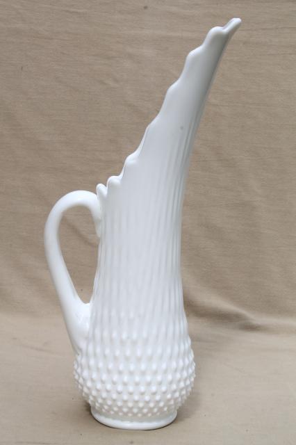 vintage Fenton hobnail milk glass, tall swung shape pitcher vase for long stemmed flowers
