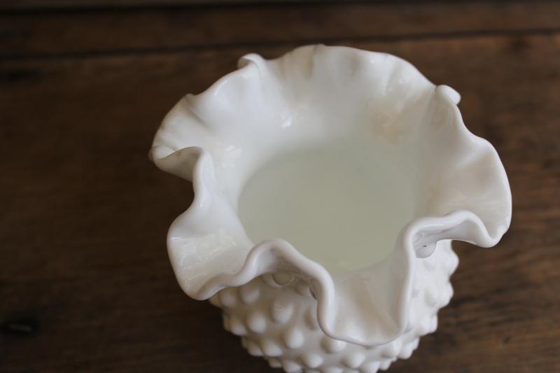 vintage Fenton hobnail milk glass vase, short round shape w/ crimped ruffle