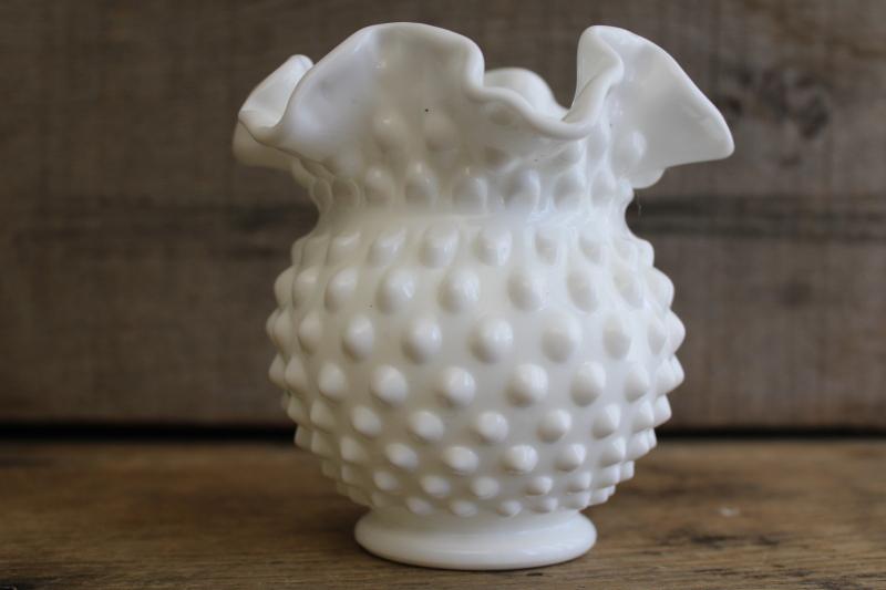 vintage Fenton hobnail milk glass vase, short round shape w/ crimped ruffle