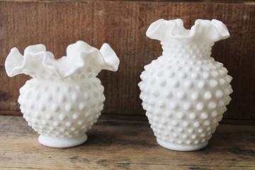 vintage Fenton hobnail milk glass vases, crimped ruffled small vase & planter pot