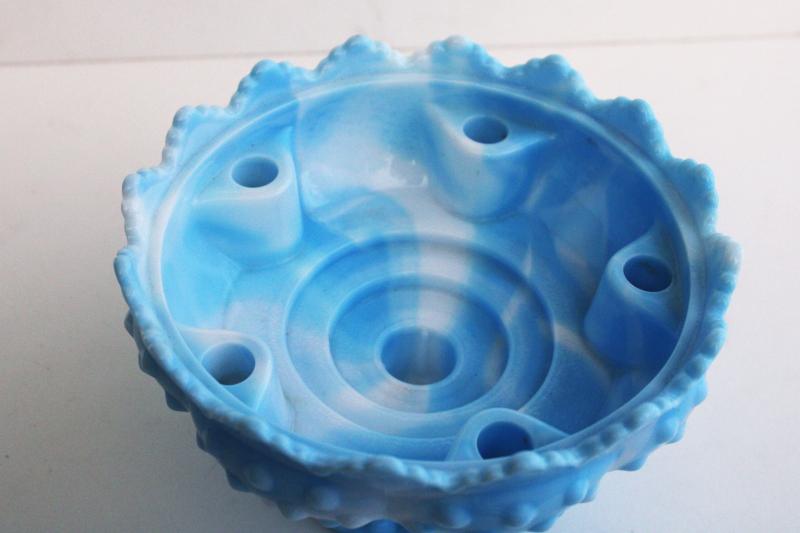 vintage Fenton hobnail pattern candle bowl, blue & white marbled slag glass