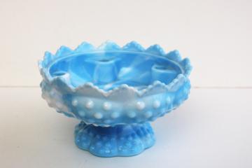 vintage Fenton hobnail pattern candle bowl, blue & white marbled slag glass