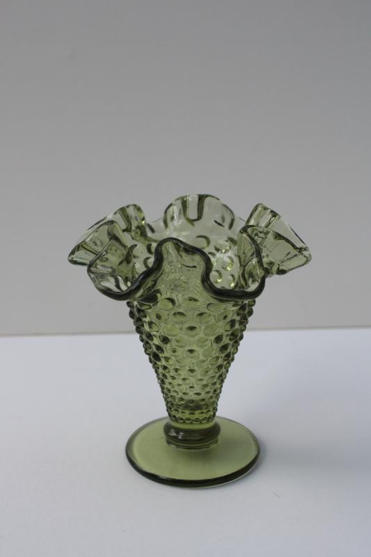 vintage Fenton hobnail pattern crimped trumpet vase, colonial green glass