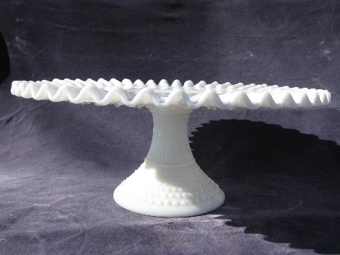 vintage Fenton hobnail pattern milk glass, crimped ruffle cake plate, pedestal stand