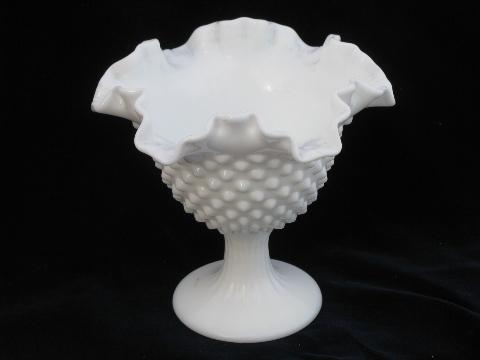 vintage Fenton hobnail pattern milk glass, crimped ruffle candy dish or compote