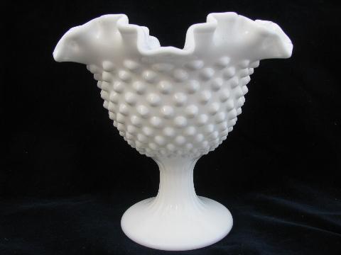 vintage Fenton hobnail pattern milk glass, crimped ruffle candy dish or compote