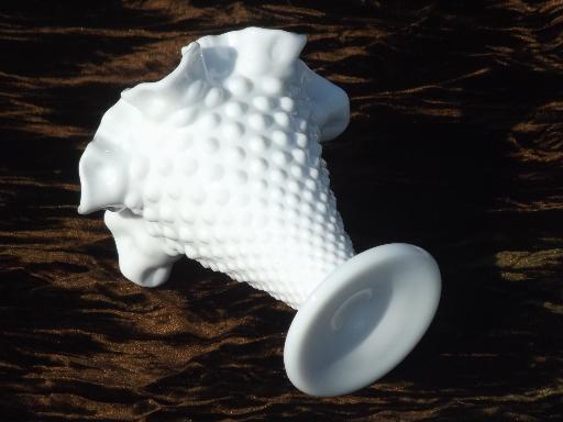 vintage Fenton hobnail pattern milk glass, crimped ruffle flower vase