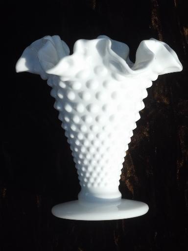 vintage Fenton hobnail pattern milk glass, crimped ruffle flower vase