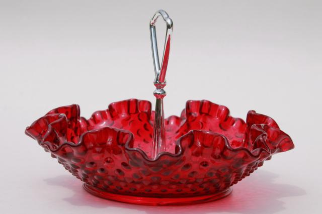 vintage Fenton hobnail ruby red glass crimped ruffle bowl, dish w/ center handle