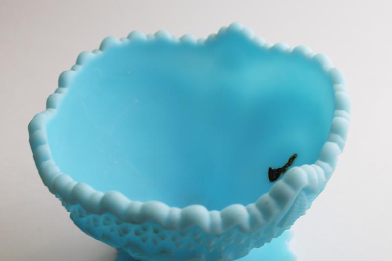 vintage Fenton hobstar pattern compote bowl, blue satin frosted glass