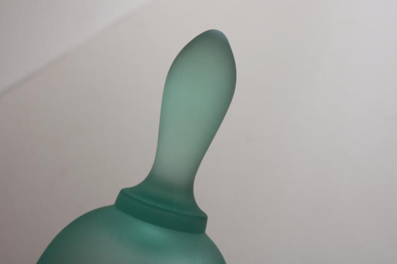 vintage Fenton label bell, sea glass green opalescent mist frosted satin glass