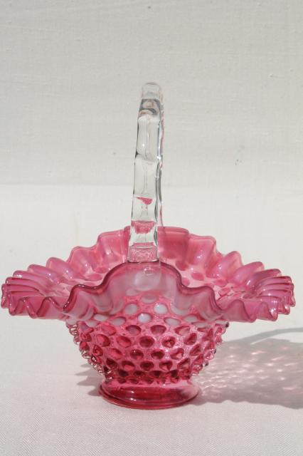 vintage Fenton label bride's basket, cranberry glass opalescent white hobnail