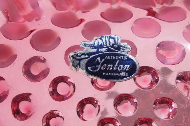 vintage Fenton label bride's basket, cranberry glass opalescent white hobnail