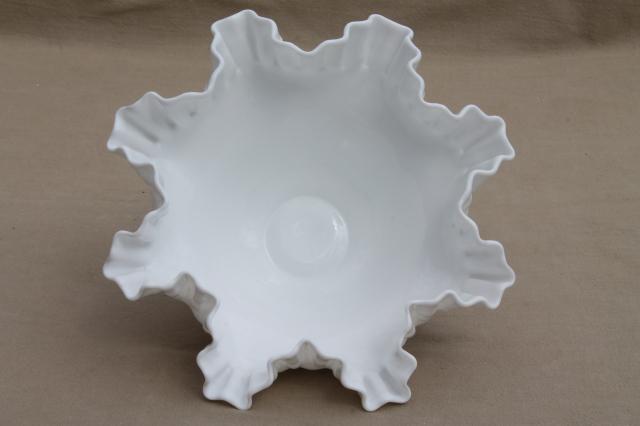 vintage Fenton milk glass crimped hobnail pattern bowl, large flower vase centerpiece