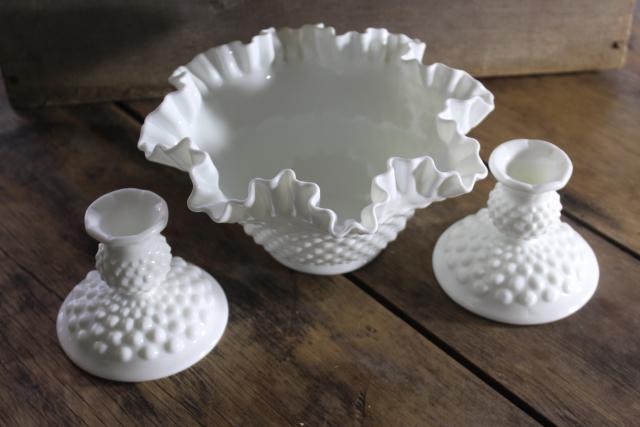 vintage Fenton milk glass, hobnail pattern candlesticks & flower bowl vase