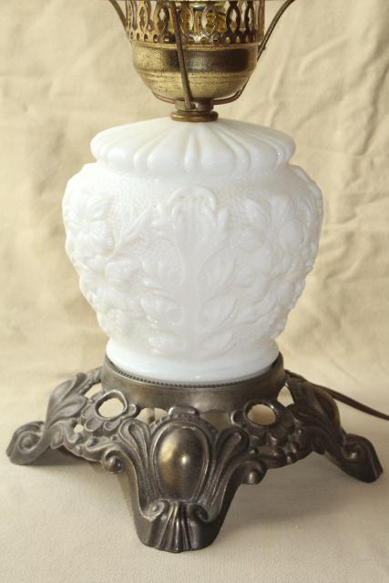 vintage Fenton milk glass lamp, poppy floral student lamp GWTW chimney shade