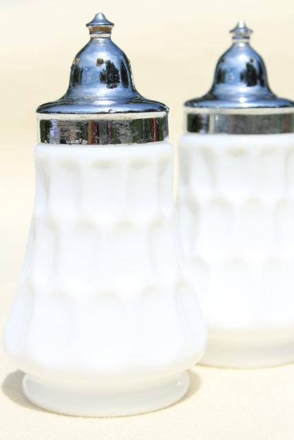 vintage Fenton milk glass salt and pepper shakers, thumbprint pattern glass