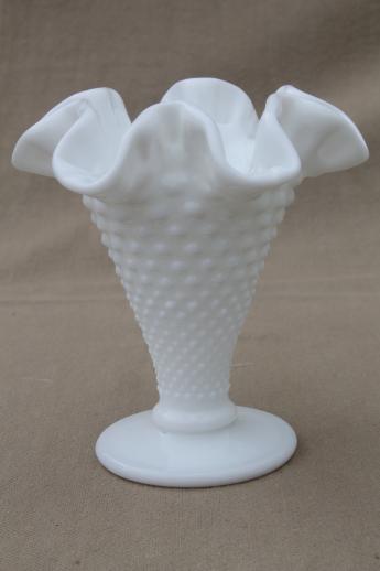 vintage Fenton milk glass vases, hobnail pattern glass w/ crimped ruffle edge