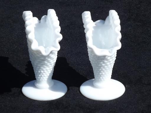 vintage Fenton milk glass vases pair, hobnail fan shape crimped ruffle