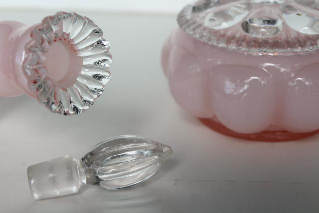 vintage Fenton puff box & perfume bottle, Silver Crest rose pink cased milk white glass