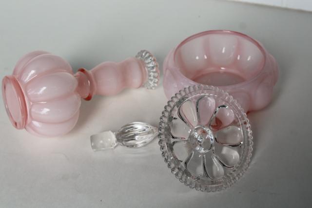 vintage Fenton puff box & perfume bottle, Silver Crest rose pink cased milk white glass