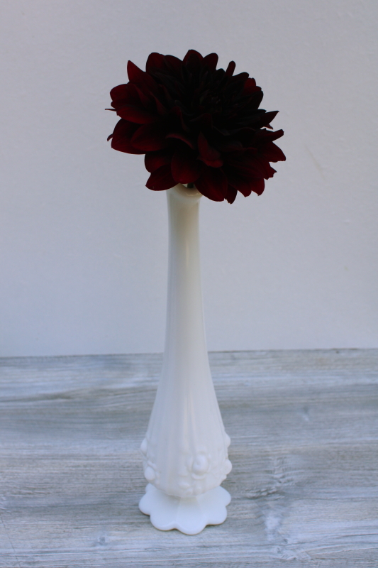 vintage Fenton rose pattern milk glass bud vase, tall swung shape vase