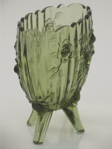 vintage Fenton rose pattern vase, colonial green glass footed vase 