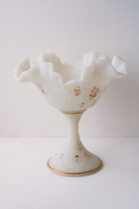 vintage Fenton satin custard glass compote or candy dish w/ hand painted flowers